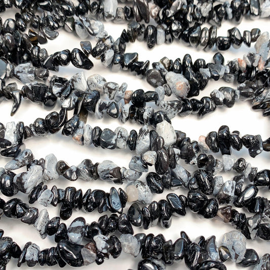 Snowflake Obsidian Chip Beads: Black & White Gemstone Nuggets, 32" Strand