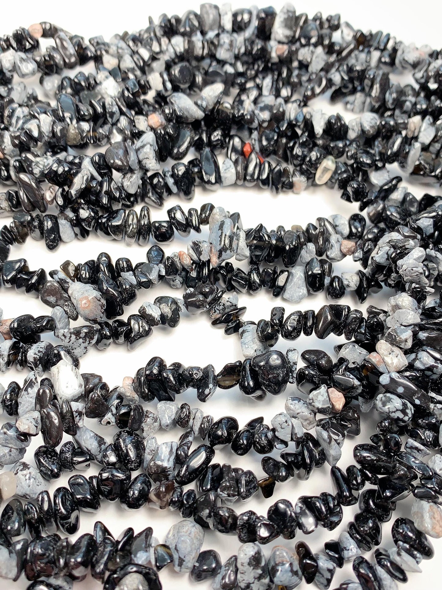 Snowflake Obsidian Chip Beads: Black & White Gemstone Nuggets, 32" Strand