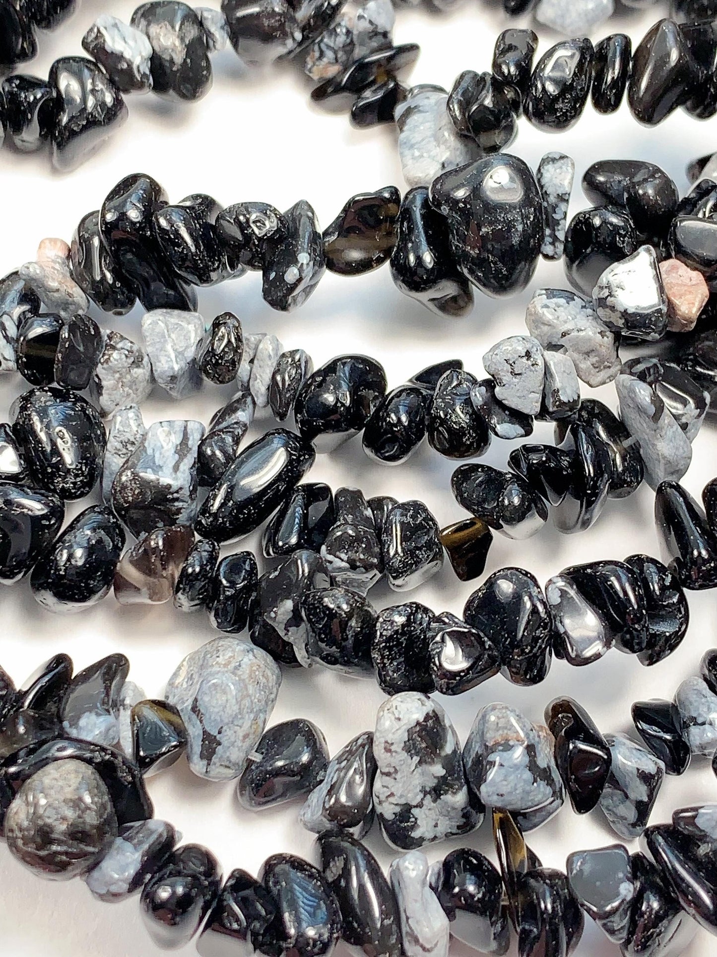 Snowflake Obsidian Chip Beads: Black & White Gemstone Nuggets, 32" Strand