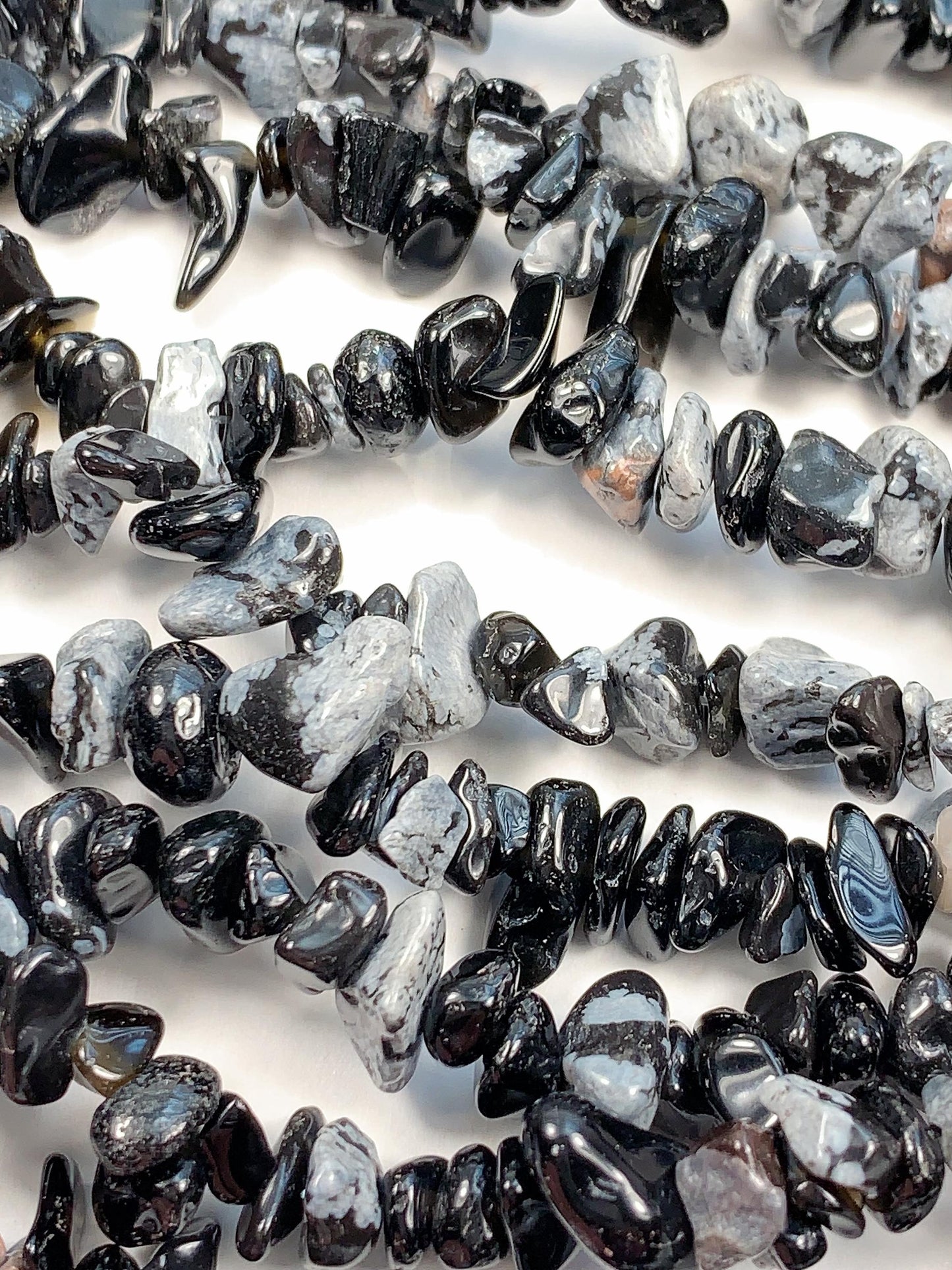 Snowflake Obsidian Chip Beads: Black & White Gemstone Nuggets, 32" Strand