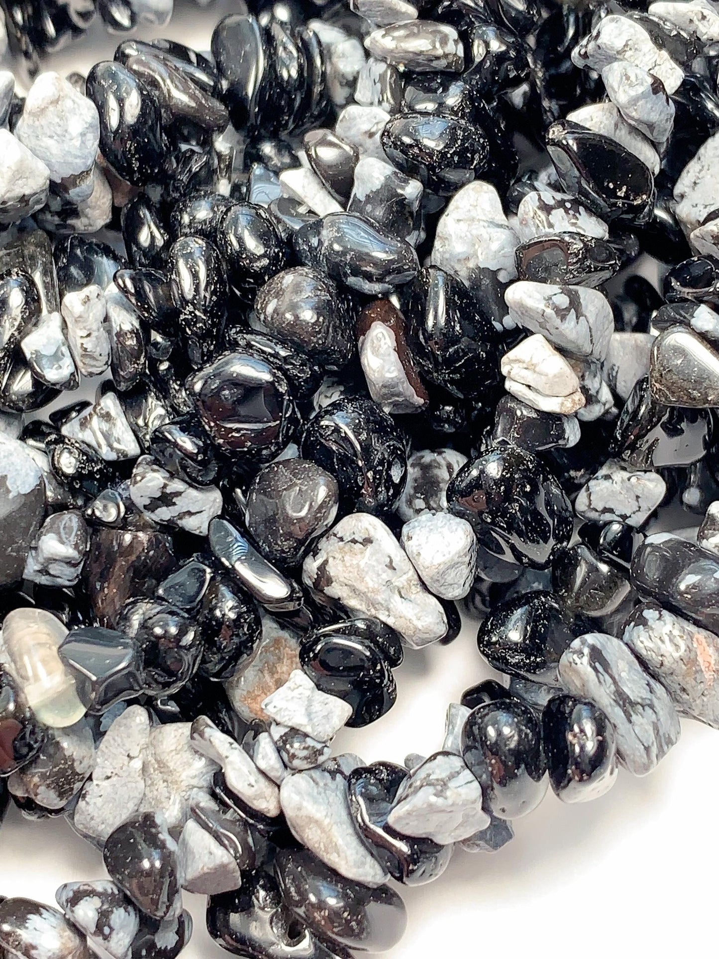 Snowflake Obsidian Chip Beads: Black & White Gemstone Nuggets, 32" Strand