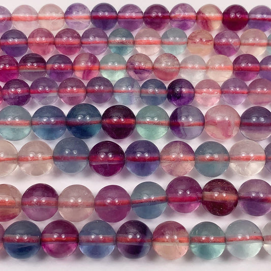 Natural Fluorite Beads: Purple, Green, Clear Smooth Rounds - 15.5" Strand