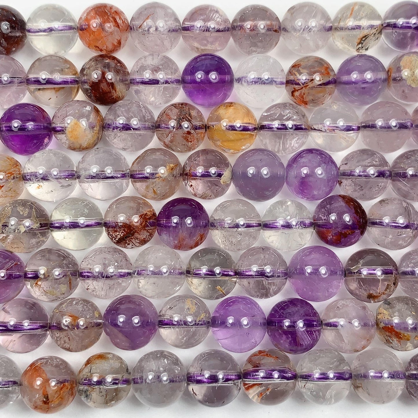 Super 7 Crystal Smooth Round Beads: Natural Amethyst Cacoxenite Quartz Strand 15.5