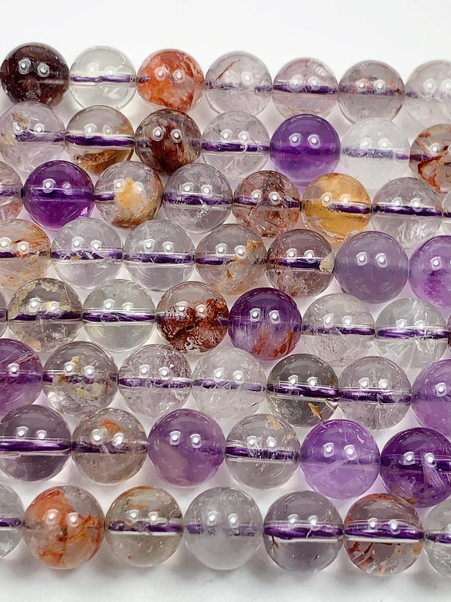 Super 7 Crystal Smooth Round Beads: Natural Amethyst Cacoxenite Quartz Strand 15.5