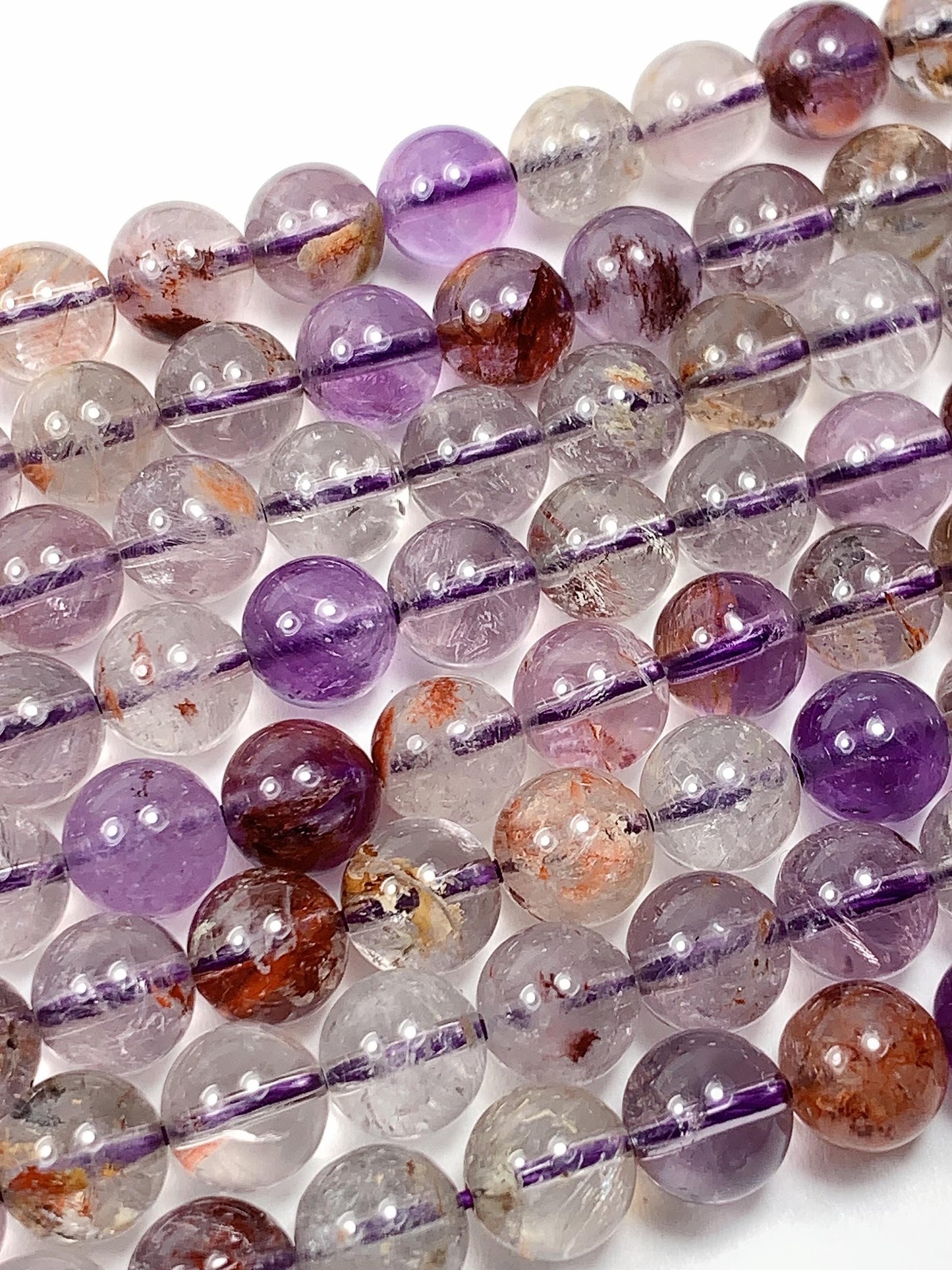 Super 7 Crystal Smooth Round Beads: Natural Amethyst Cacoxenite Quartz Strand 15.5