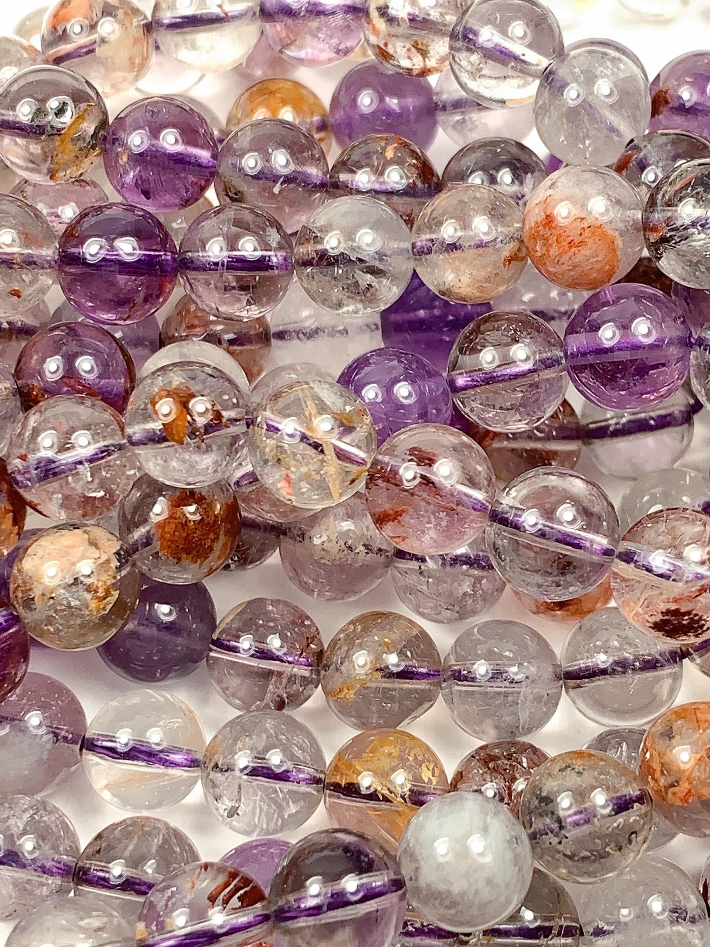 Super 7 Crystal Smooth Round Beads: Natural Amethyst Cacoxenite Quartz Strand 15.5