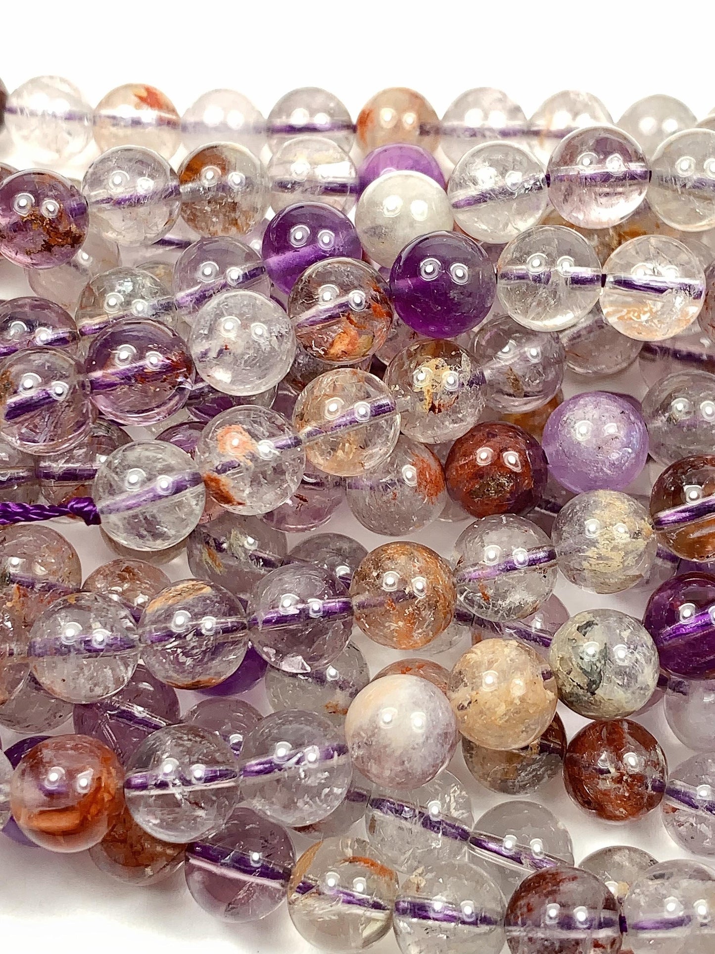 Super 7 Crystal Smooth Round Beads: Natural Amethyst Cacoxenite Quartz Strand 15.5