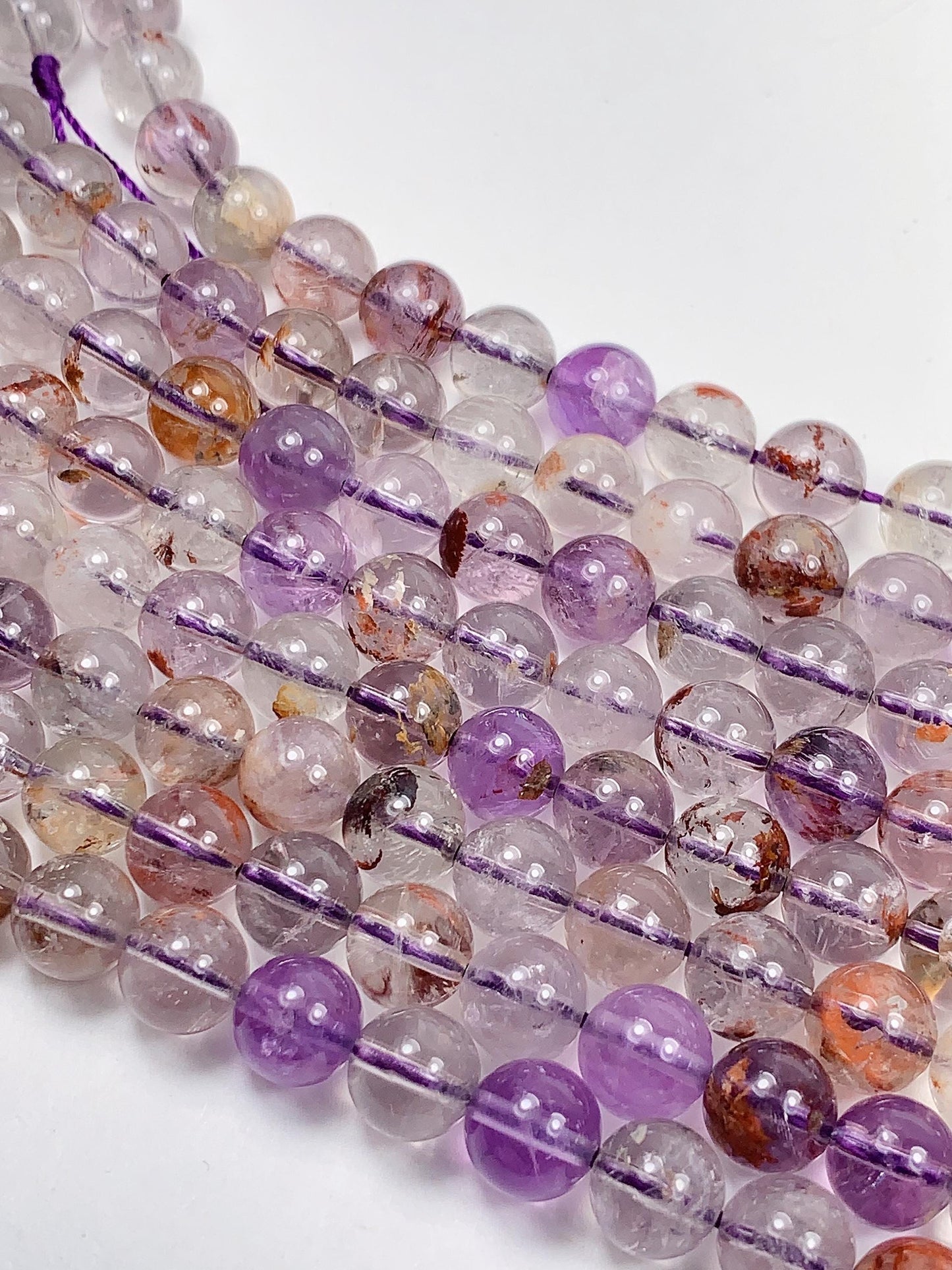Super 7 Crystal Smooth Round Beads: Natural Amethyst Cacoxenite Quartz Strand 15.5