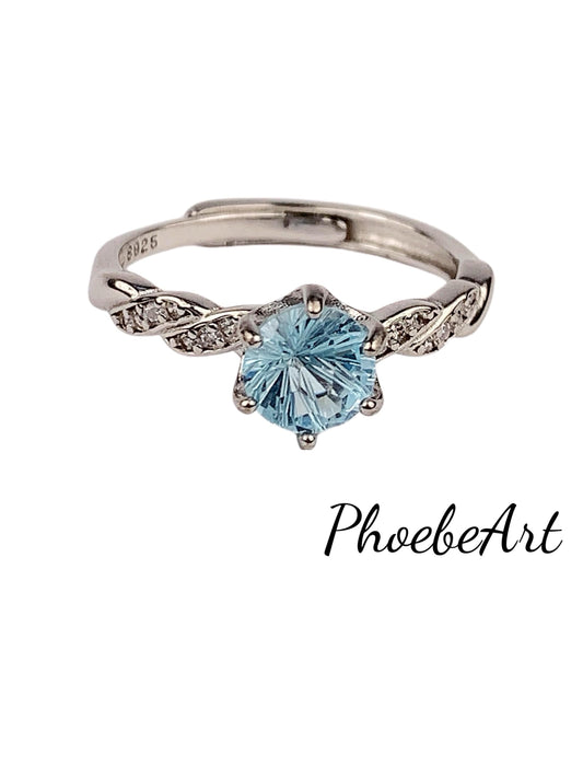 6.5mm 1 Carat  Genuine Natural Swiss Blue Topaz  18K Gold Plated S 925 Sterling Silver Ring fireworks faceted cut