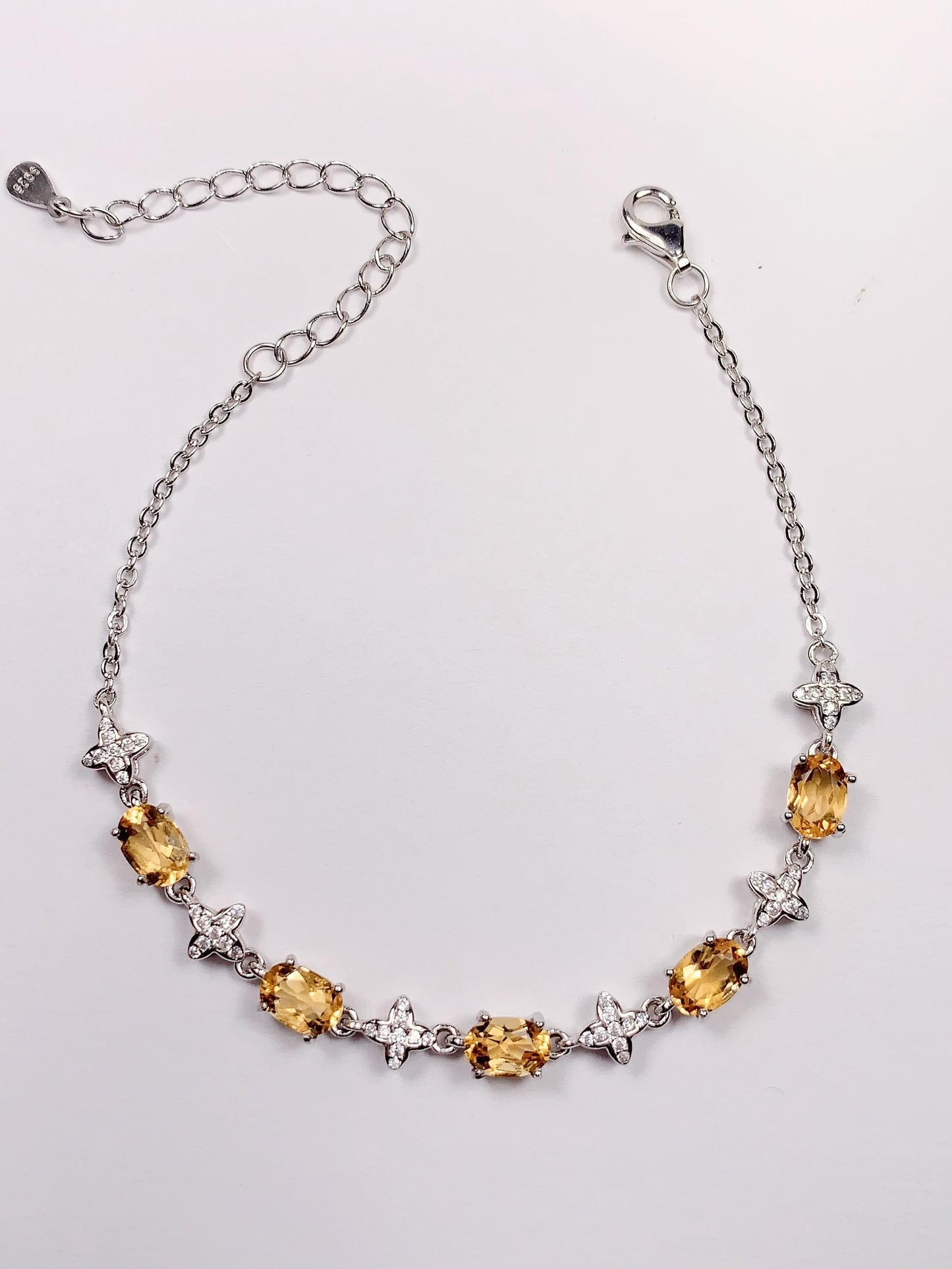 Natural Citrine Sterling Silver Bracelet: 18k White Gold Plated