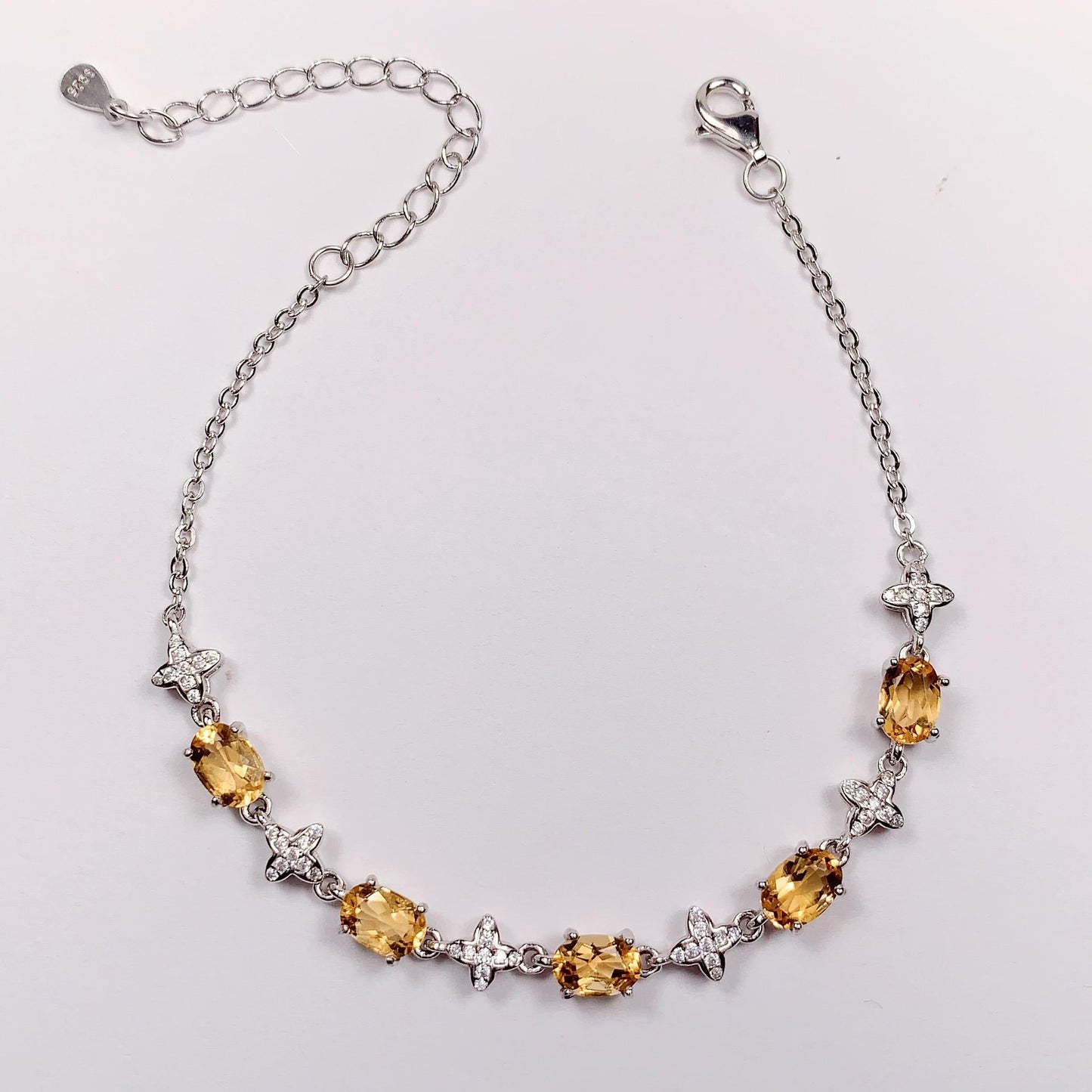 Natural Citrine Sterling Silver Bracelet: 18k White Gold Plated