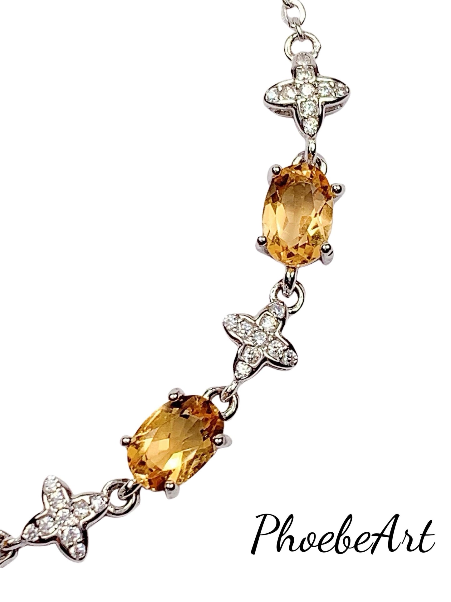 Natural Citrine Sterling Silver Bracelet: 18k White Gold Plated