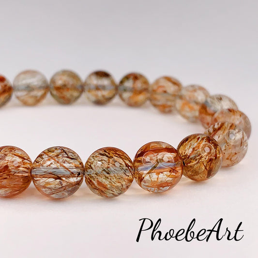 Natural Rutilated Quartz Bracelet: Red, Green, Black, Gold Golden Copper 8mm 10mm 12mm Smooth Round