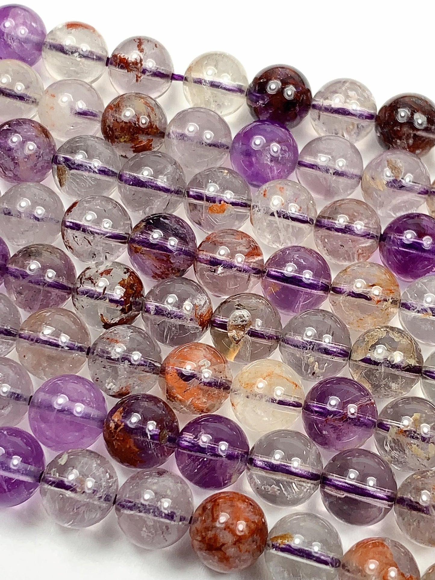 Super 7 Crystal Smooth Round Beads: Natural Amethyst Cacoxenite Quartz Strand 15.5