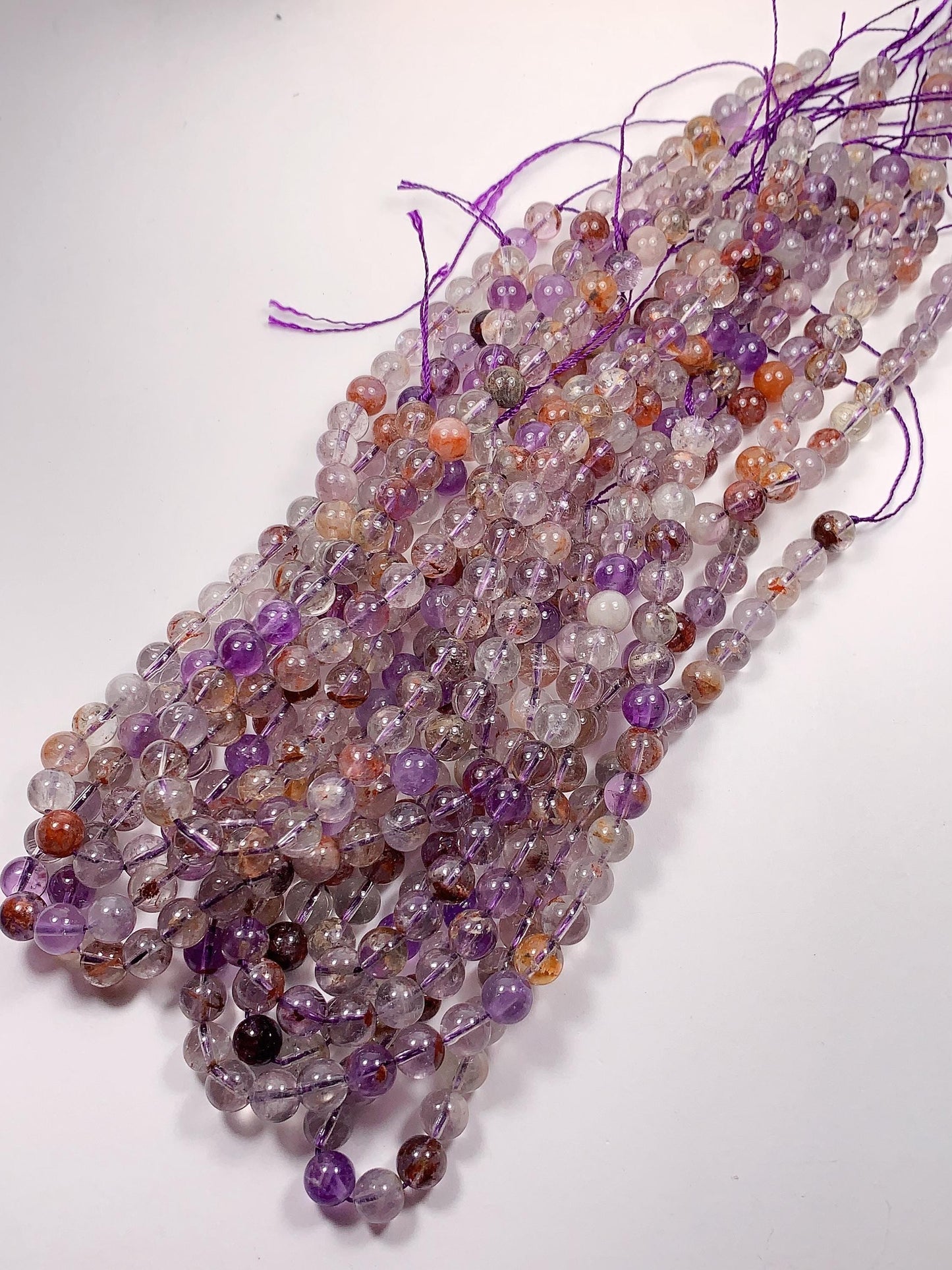 Super 7 Crystal Smooth Round Beads: Natural Amethyst Cacoxenite Quartz Strand 15.5