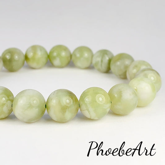 Genuine Natural Green Grape Sepentine Jade Smooth Round Stretch Bracelet   10mm Birthstone