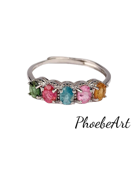3mm Genuine Natural Rainbow Tourmaline Round Faceted Cut 18K Gold Plated S 925 Sterling Silver Ring