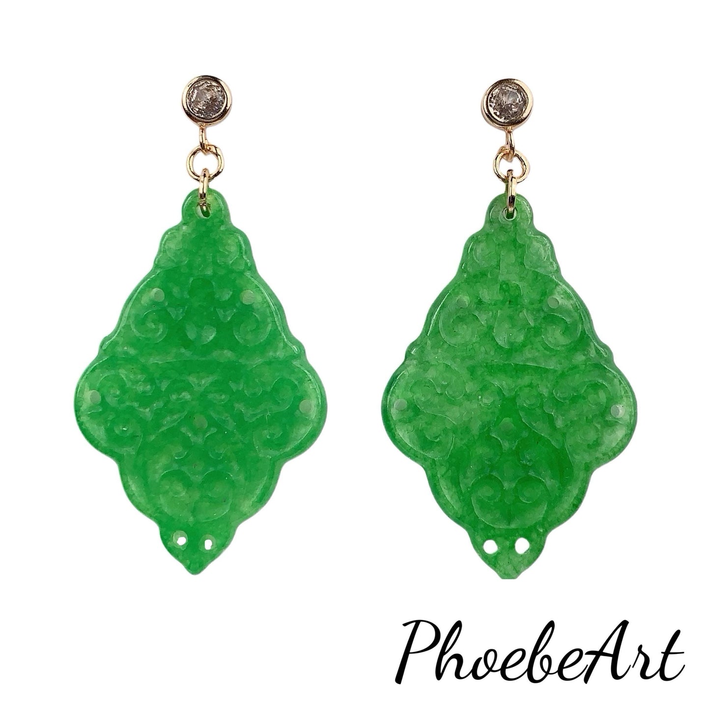 Natural Green Jade 14K Yellow Gold Filled Earrings Ear Stud Hollow carved May Birthstone