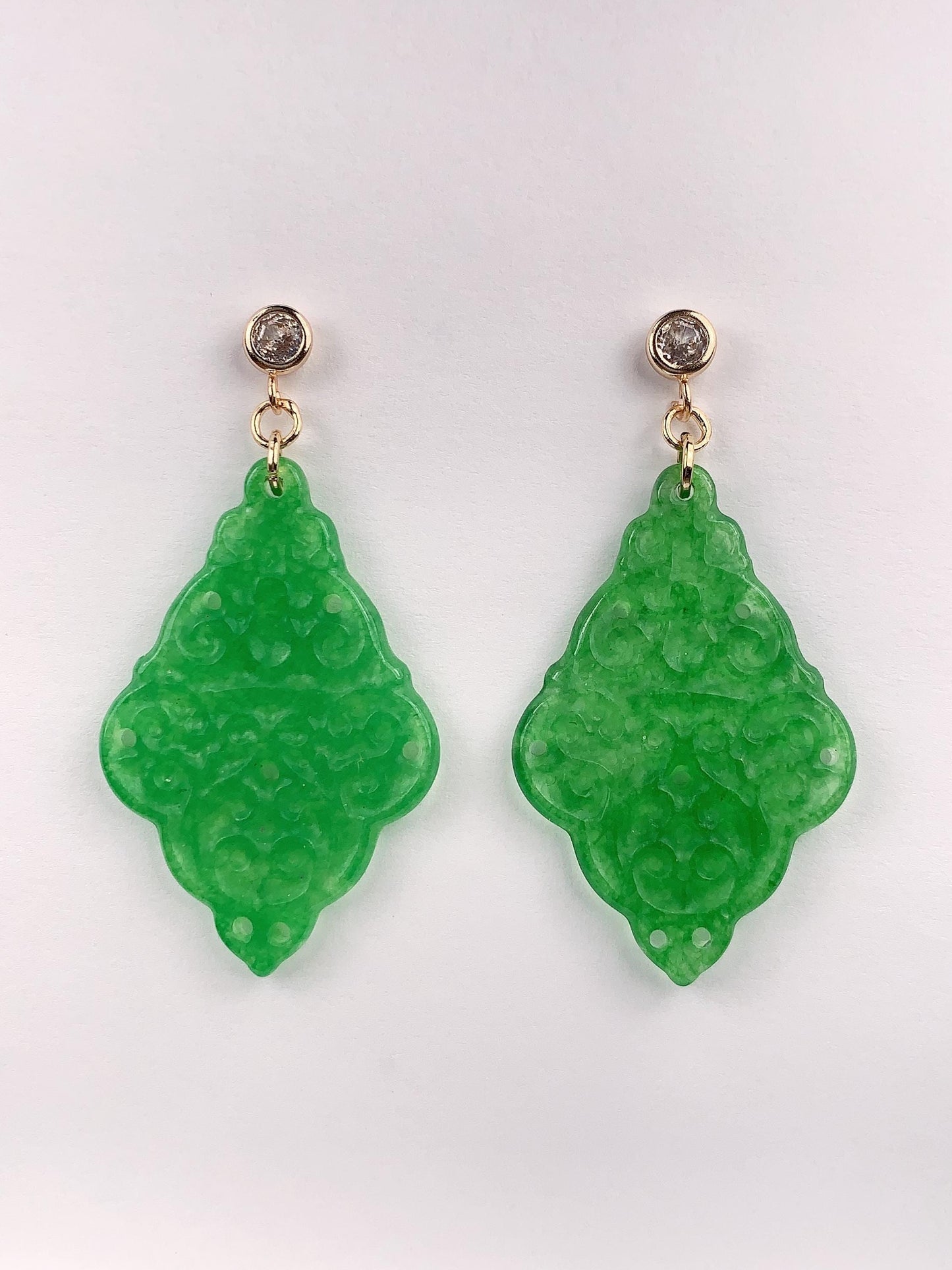Natural Green Jade 14K Yellow Gold Filled Earrings Ear Stud Hollow carved May Birthstone