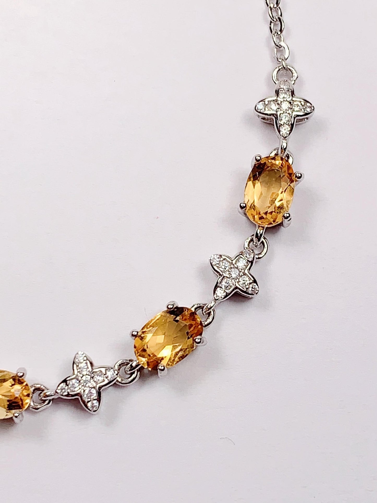 Natural Citrine Sterling Silver Bracelet: 18k White Gold Plated