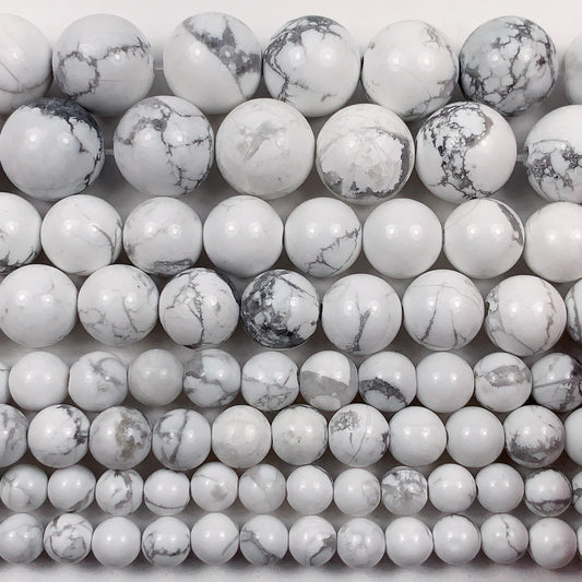 AAA Natural Howlite Beads: Gray White Smooth Round Gemstone Strand