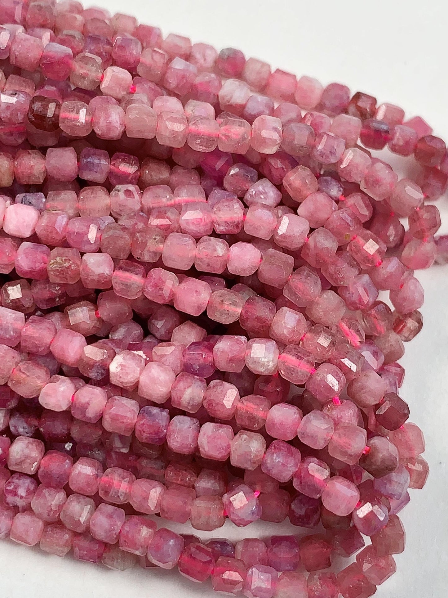 3mm + Genuine Natural Pink Tourmaline Faceted Cube Square Beads 15.5" Strand