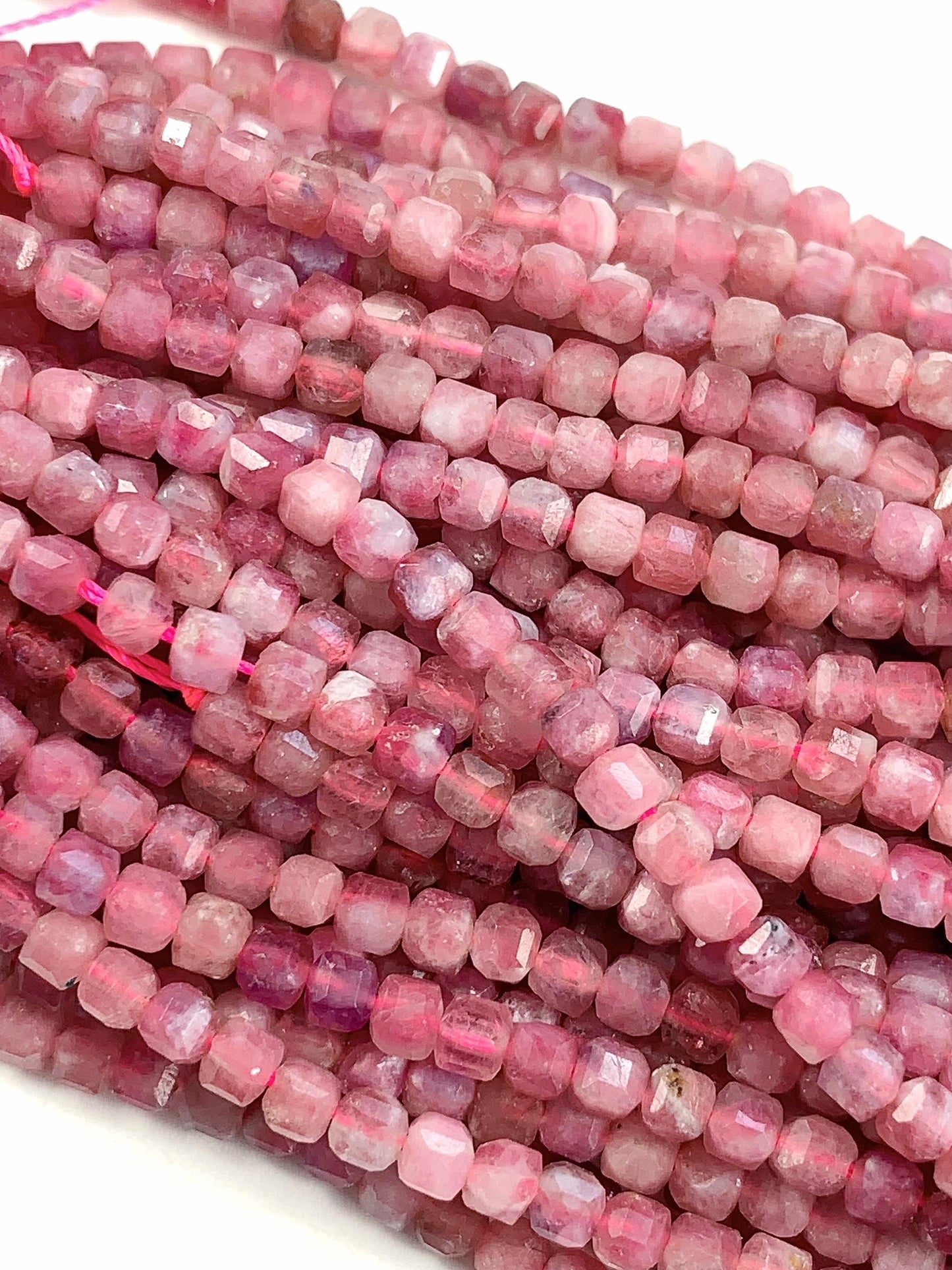 3mm + Genuine Natural Pink Tourmaline Faceted Cube Square Beads 15.5" Strand