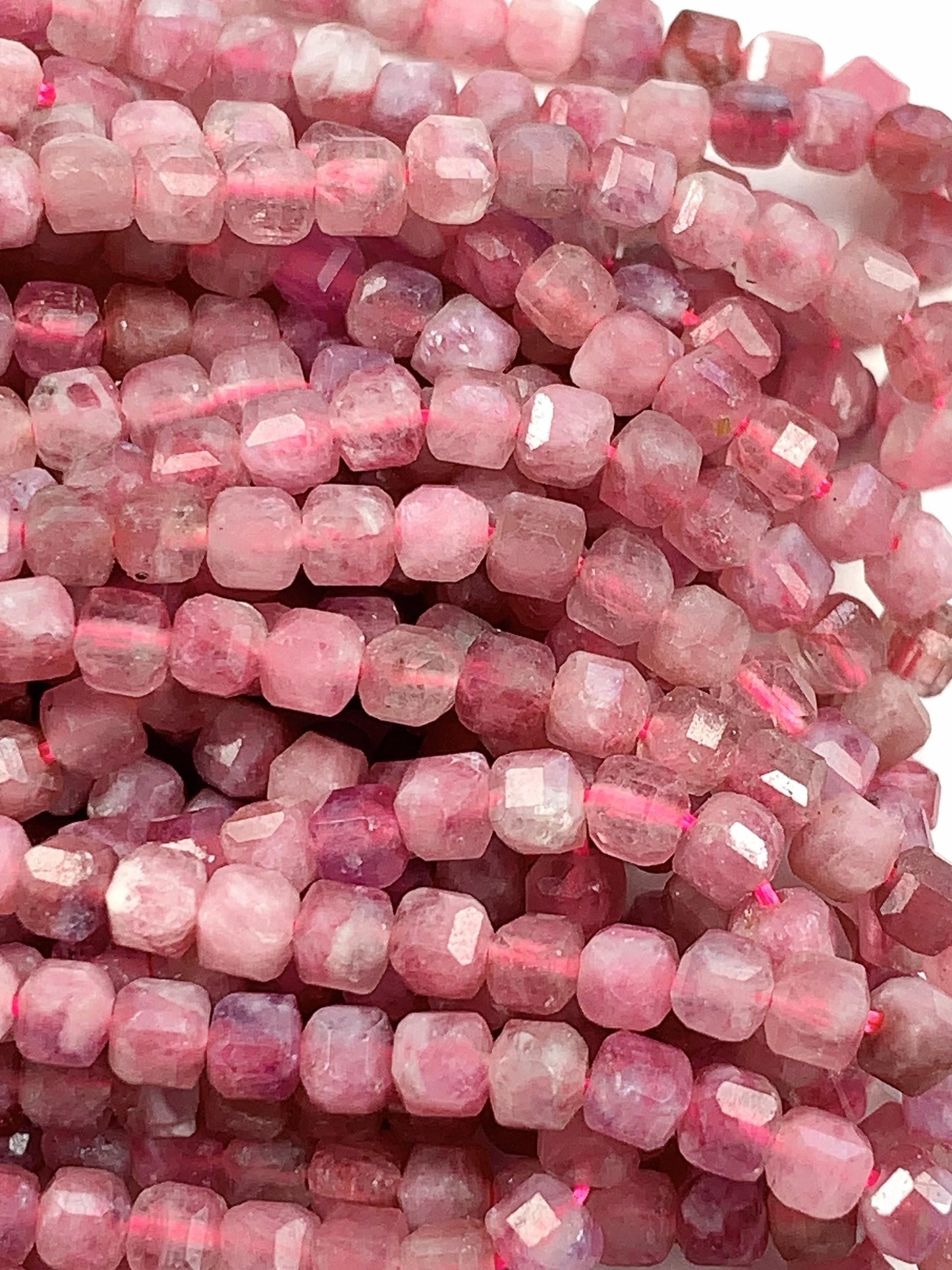 3mm + Genuine Natural Pink Tourmaline Faceted Cube Square Beads 15.5" Strand