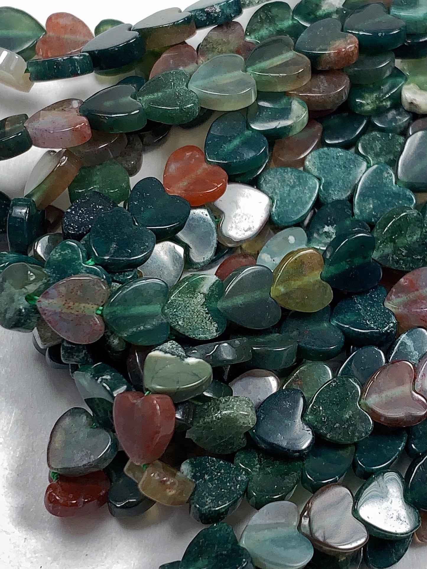6mm Natural Red Green Moss India Agate Heart Shape Beads 15" Strand