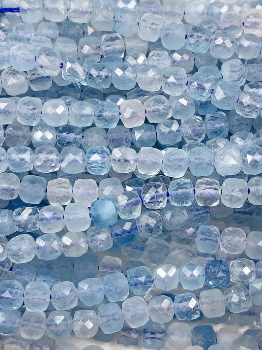 4.5mm Natural Blue Aquamarine Faceted Square Cube Beads Gemstone Strand 15.5