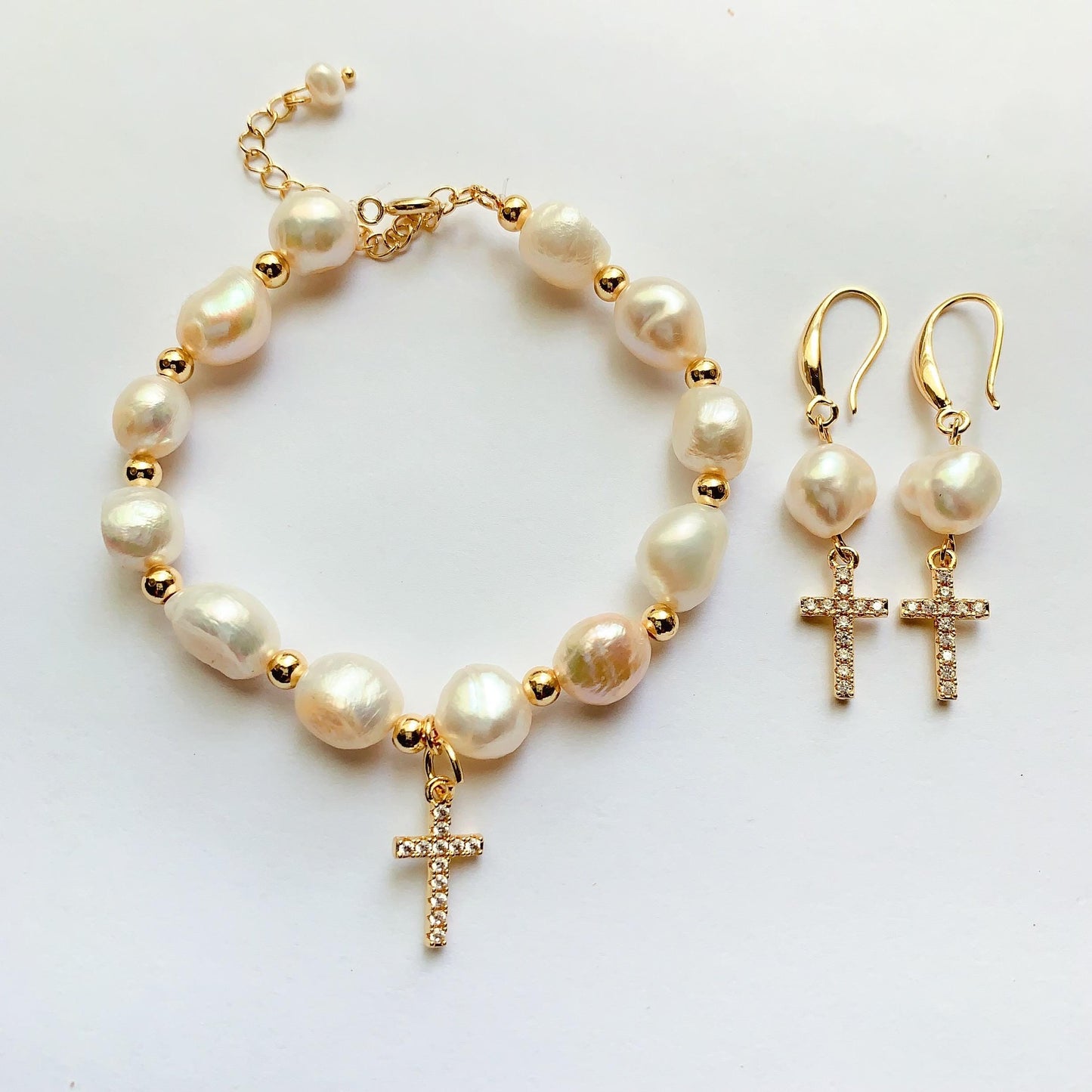 14K Gold Filled Pearl Jewelry Set: Cross Bracelet & Earrings