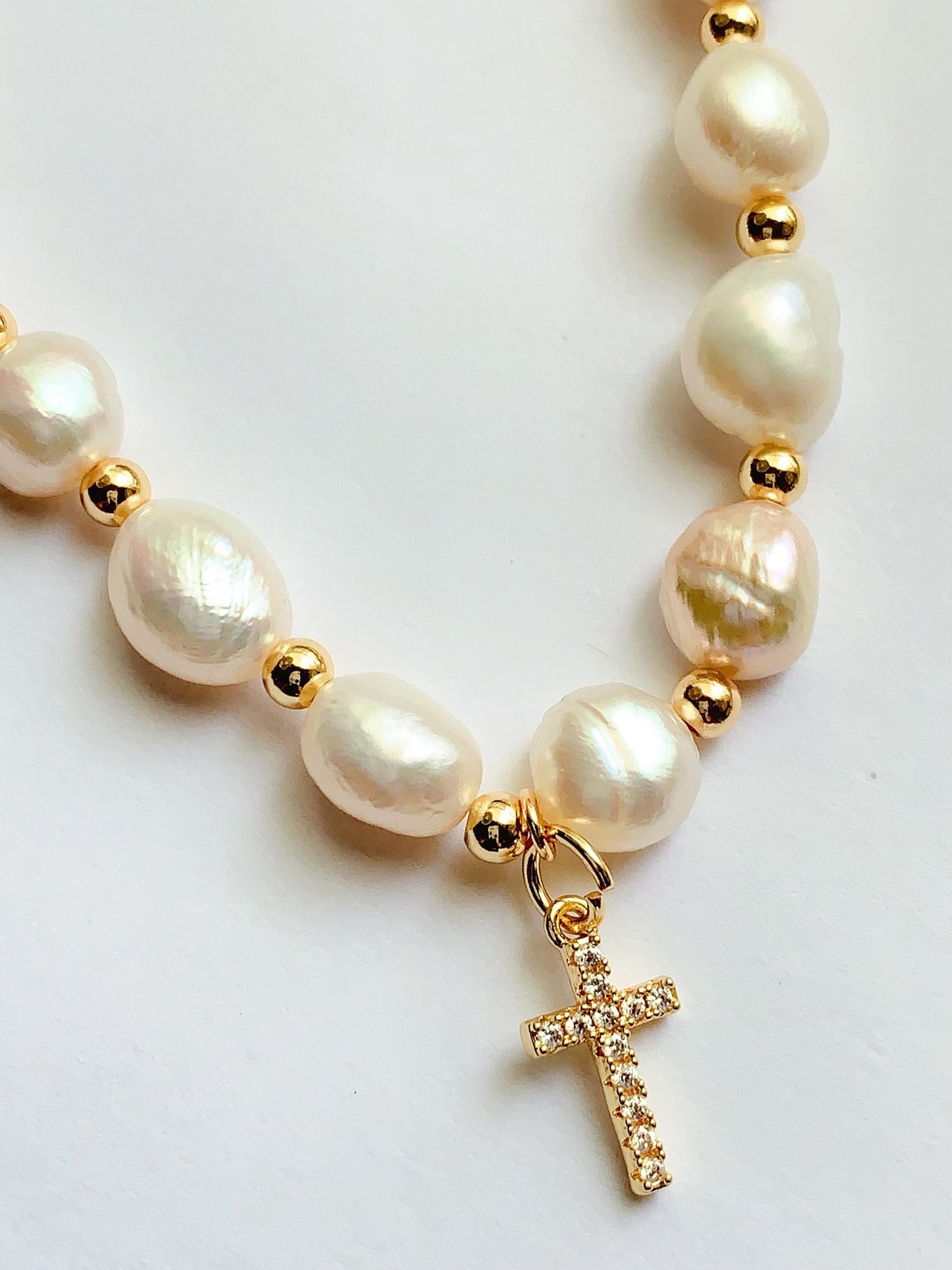 14K Gold Filled Pearl Jewelry Set: Cross Bracelet & Earrings