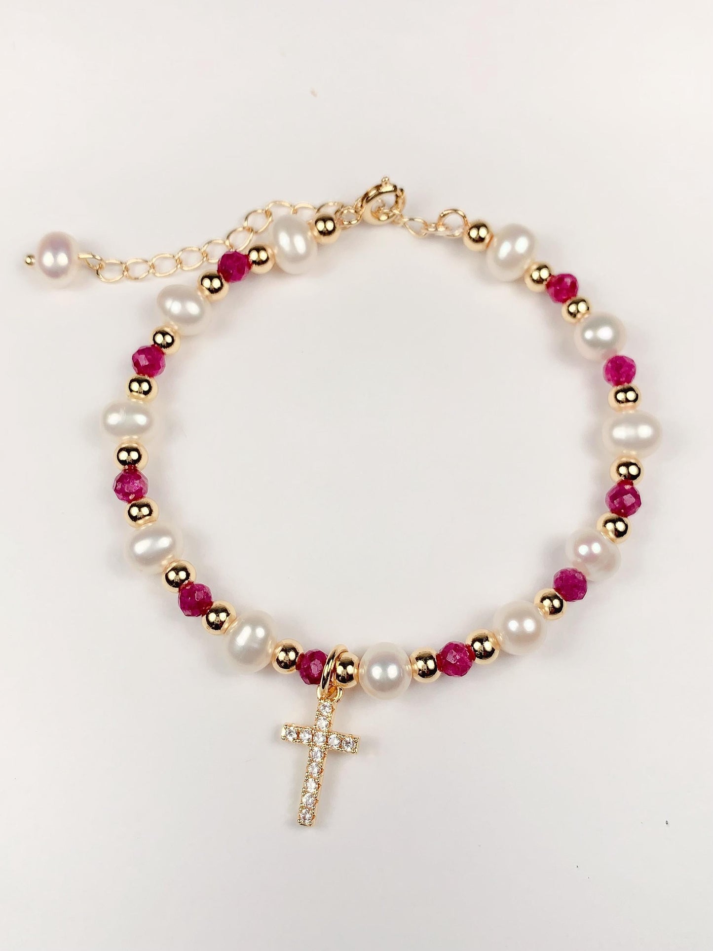 14K Gold Filled Cross Jewelry Set: Ruby Pearl Bracelet, Earrings, Necklace