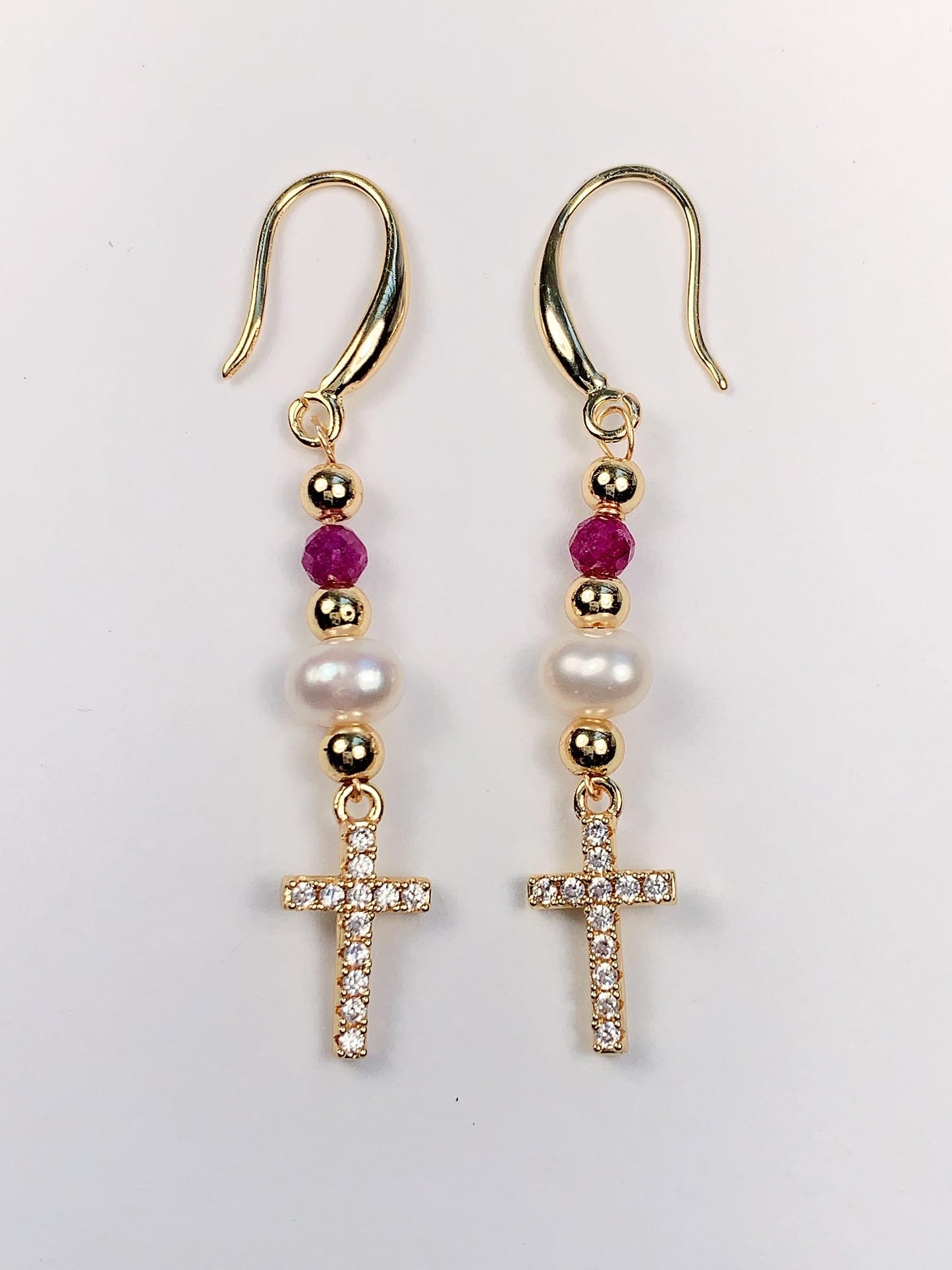 14K Gold Filled Cross Jewelry Set: Ruby Pearl Bracelet, Earrings, Necklace