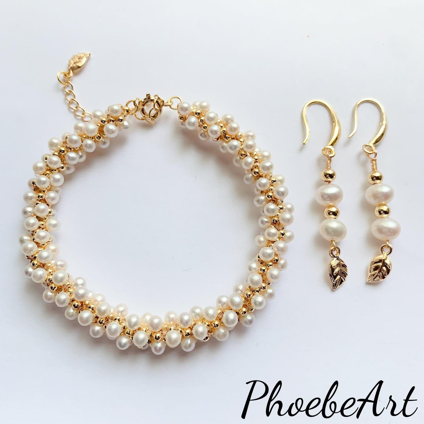 14K Gold Filled Pearl Jewelry Set: Handmade Freshwater Bracelet & Earrings