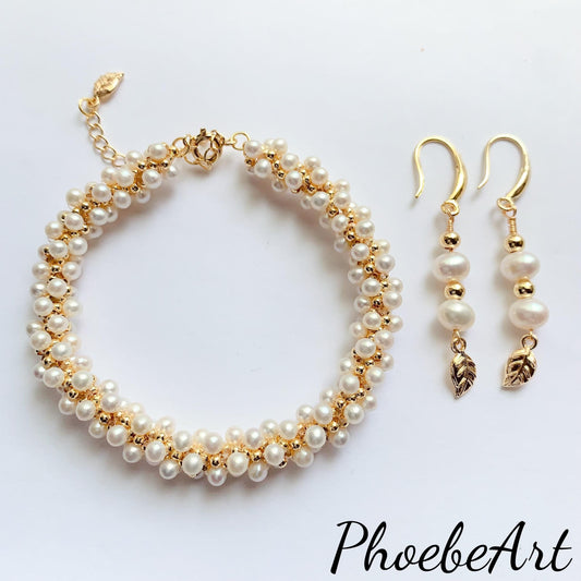14K Gold Filled Pearl Jewelry Set: Handmade Freshwater Bracelet & Earrings