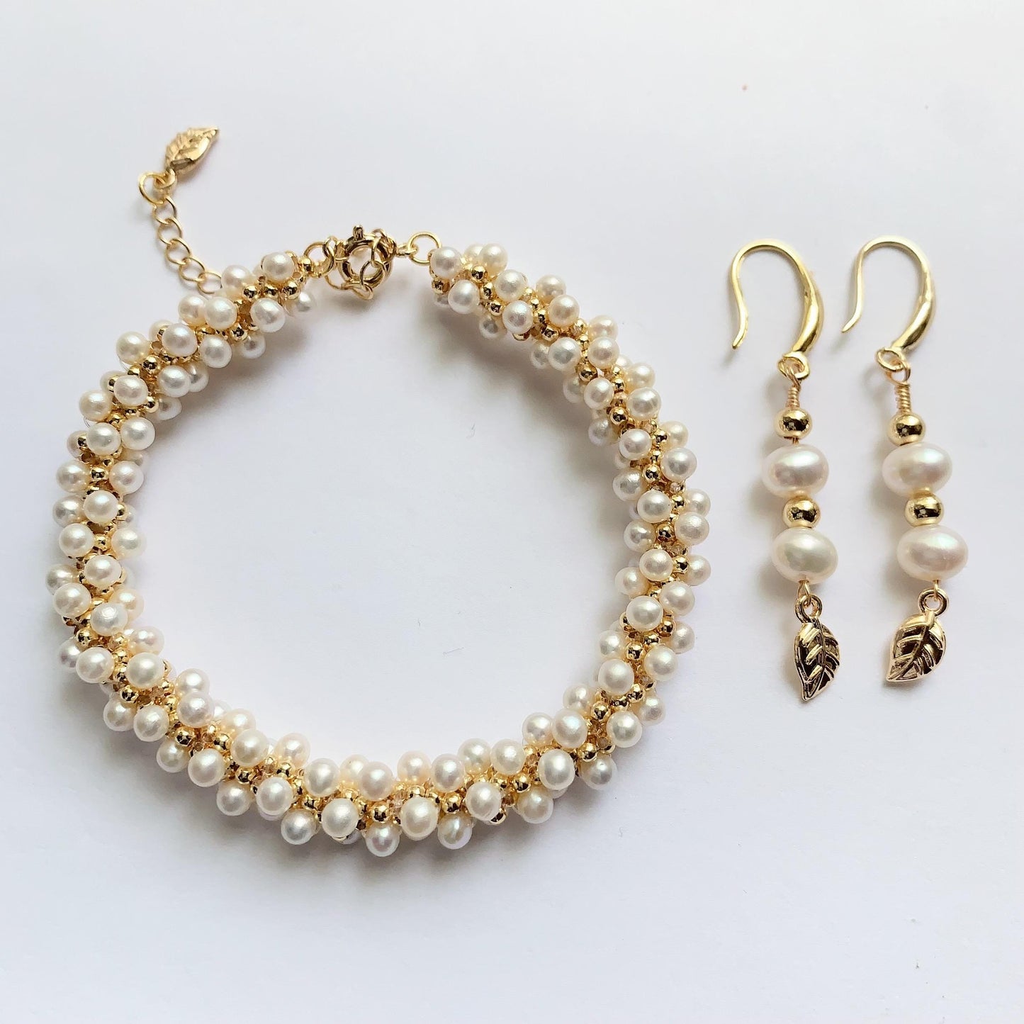 14K Gold Filled Pearl Jewelry Set: Handmade Freshwater Bracelet & Earrings