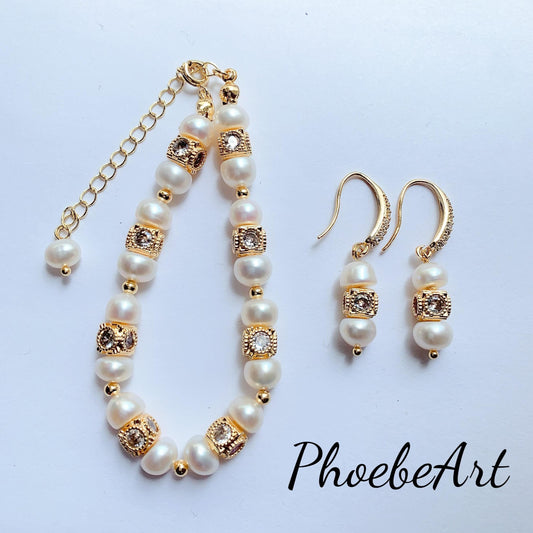 14K Gold Filled Pearl Jewelry Set: Handmade Freshwater Pearl Bracelet and Earrings
