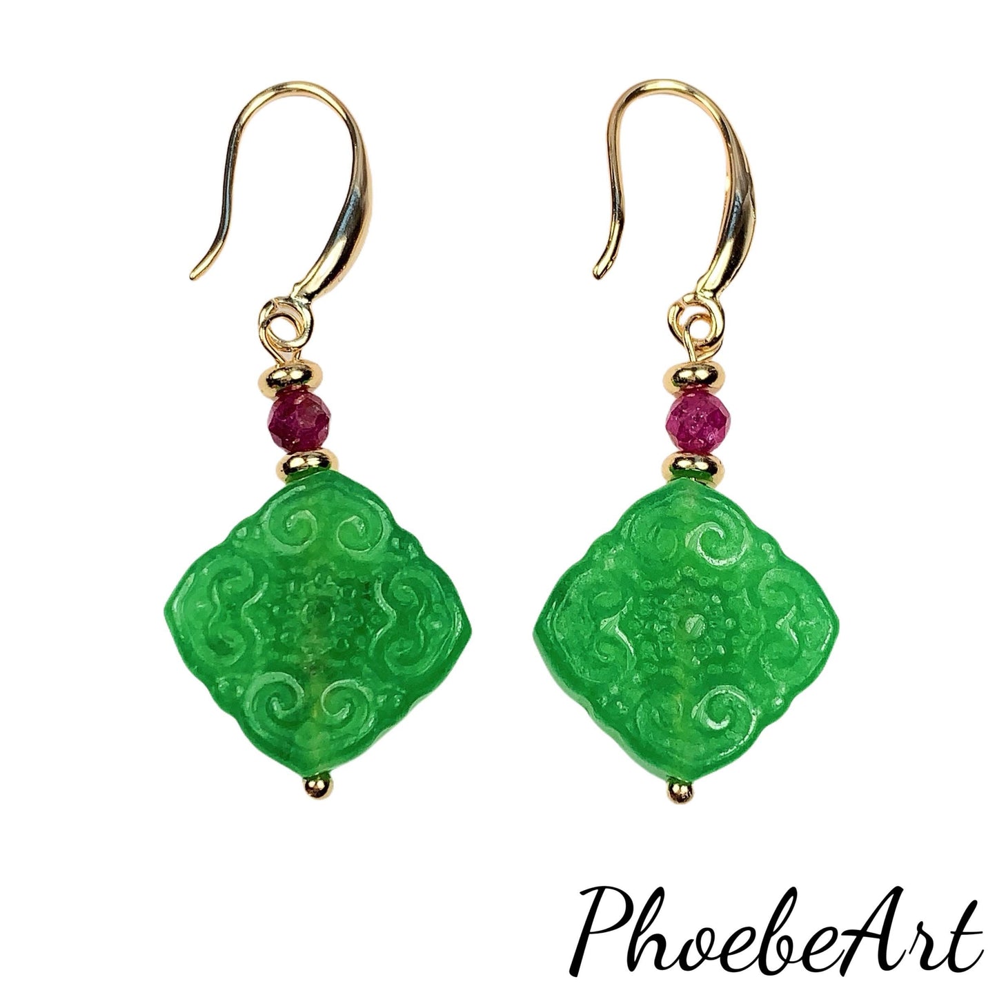Green Jade & Ruby 14K Gold Filled Earrings