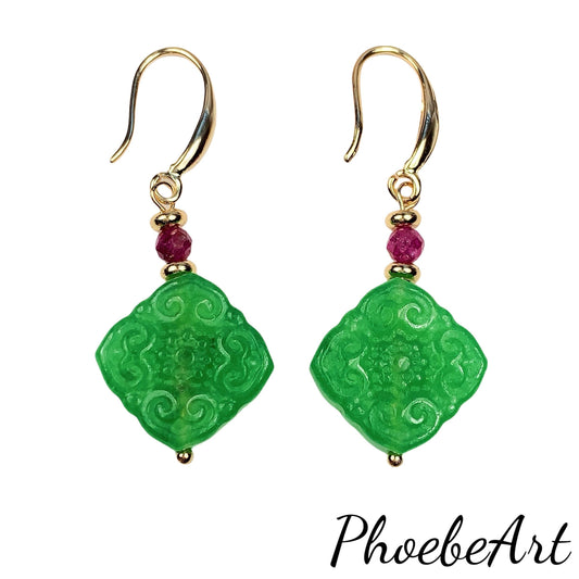 Green Jade & Ruby 14K Gold Filled Earrings