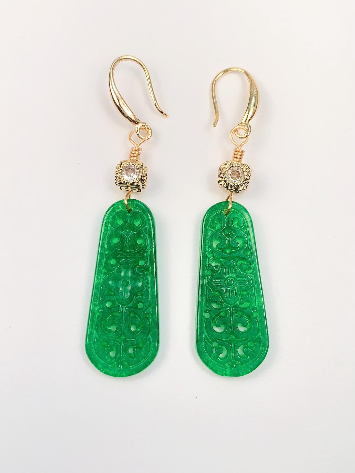 35mm Natural Green Jade 14K Yellow Gold Filled Earrings Ear Stud Handmade May Birthstone