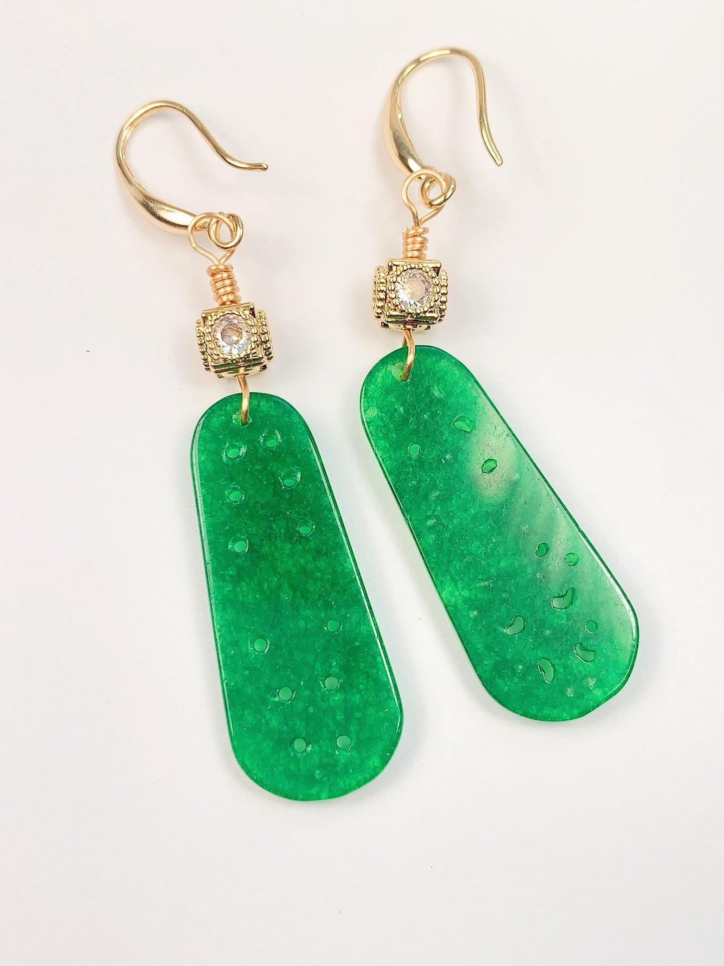35mm Natural Green Jade 14K Yellow Gold Filled Earrings Ear Stud Handmade May Birthstone