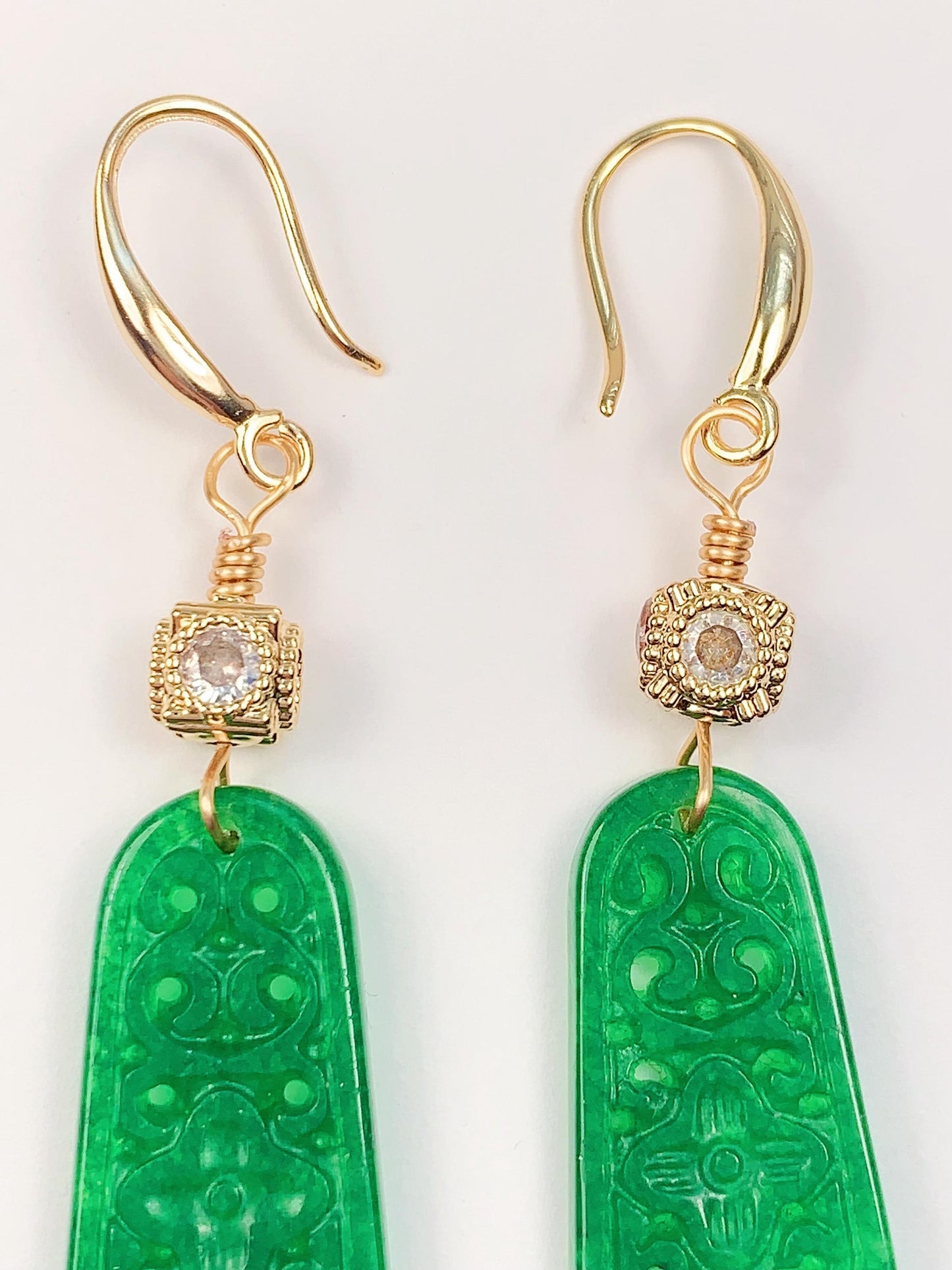 35mm Natural Green Jade 14K Yellow Gold Filled Earrings Ear Stud Handmade May Birthstone