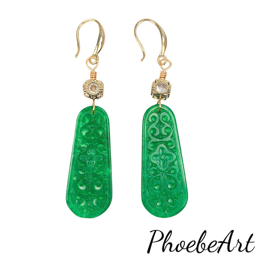 35mm Natural Green Jade 14K Yellow Gold Filled Earrings Ear Stud Handmade May Birthstone