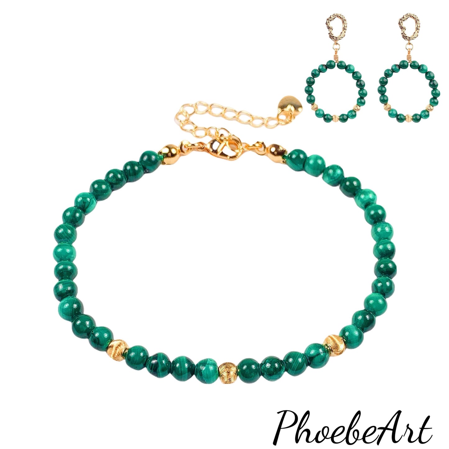 Malachite Bracelet Earrings Necklace Set: 14K Gold Filled Jewelry