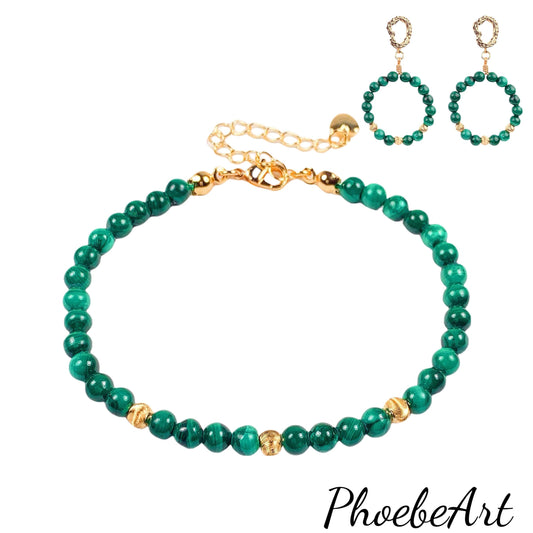 Malachite Bracelet Earrings Necklace Set: 14K Gold Filled Jewelry