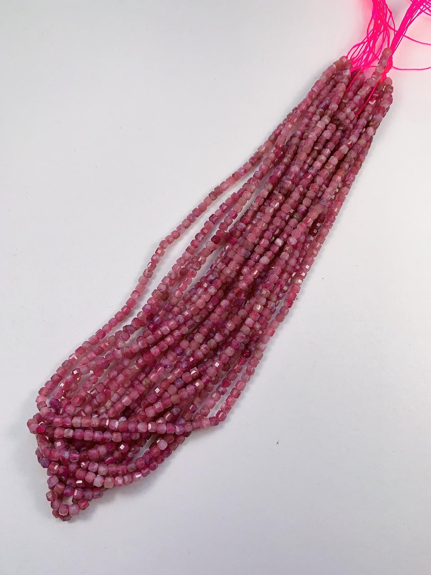 3mm + Genuine Natural Pink Tourmaline Faceted Cube Square Beads 15.5" Strand