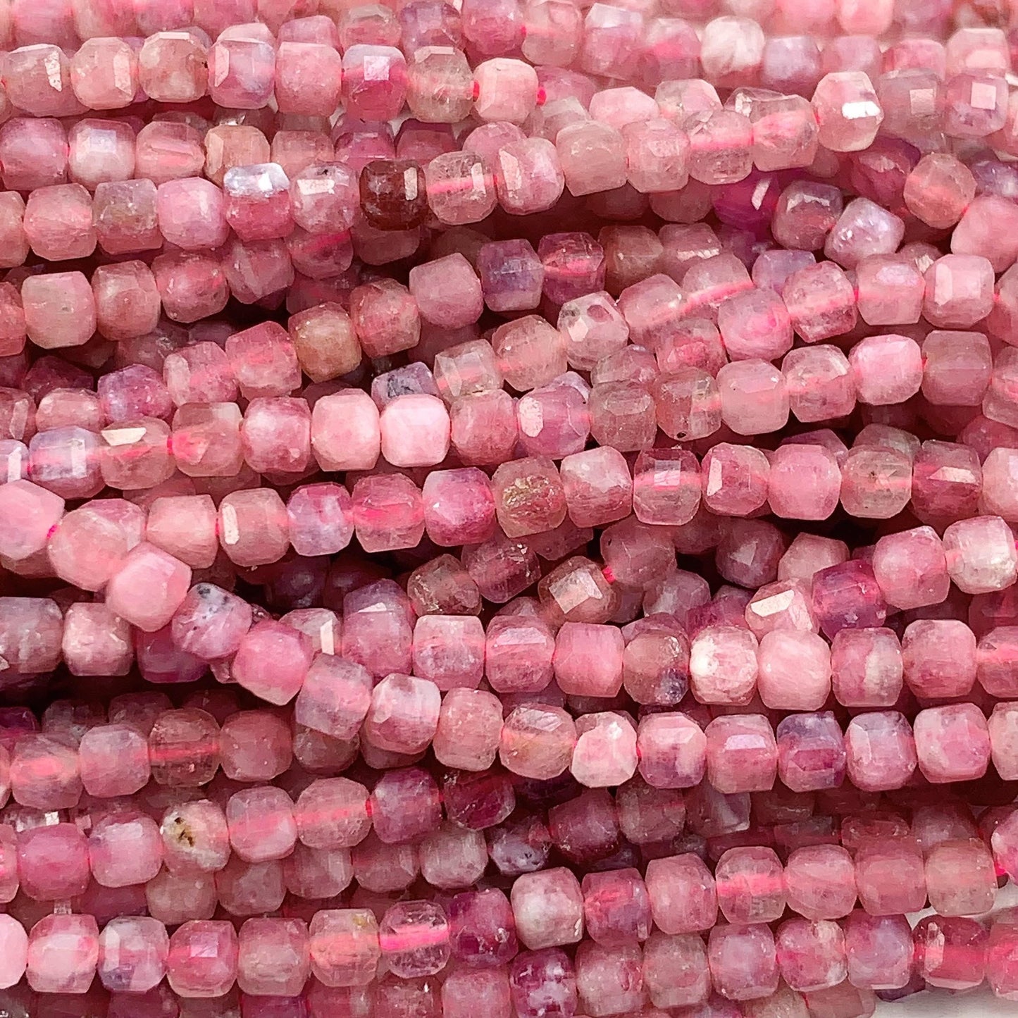 3mm + Genuine Natural Pink Tourmaline Faceted Cube Square Beads 15.5" Strand
