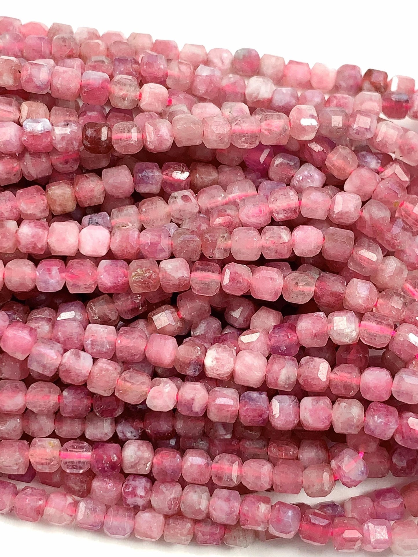 3mm + Genuine Natural Pink Tourmaline Faceted Cube Square Beads 15.5" Strand