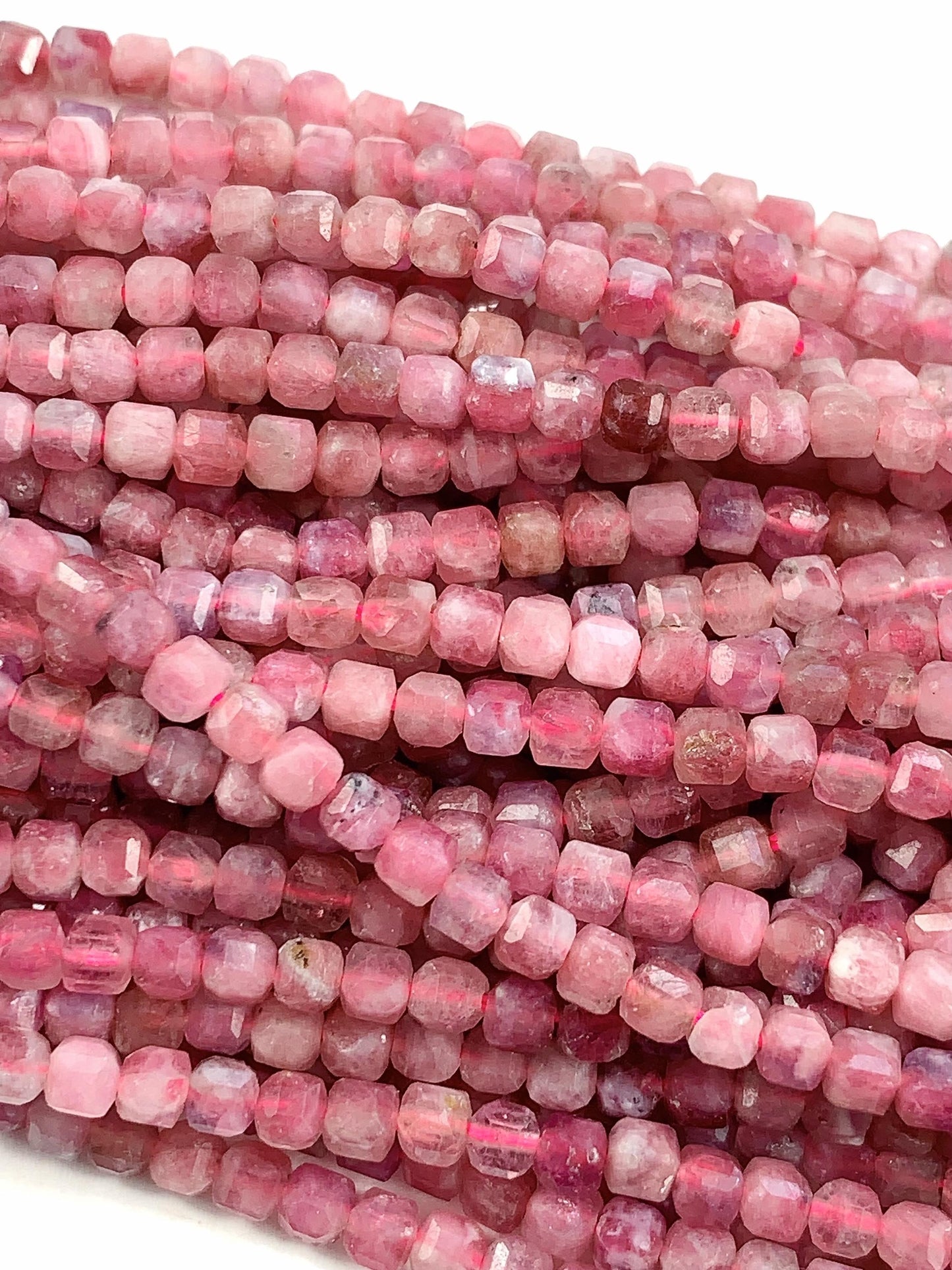 3mm + Genuine Natural Pink Tourmaline Faceted Cube Square Beads 15.5" Strand